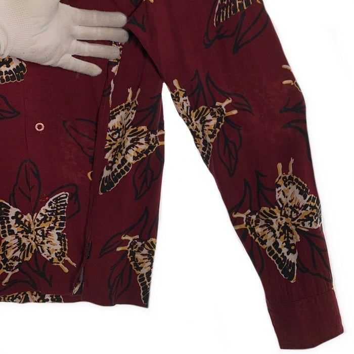 STUSSY ステューシー レーヨン オープンカラーロングスリーブシャツ バタフライプリント ボルドー Size M 福生店