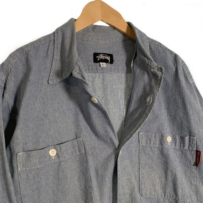 80's STUSSY ステューシー コットンシャツ 長袖 ライトブルー USA製 黒タグ オールド Size L 福生店
