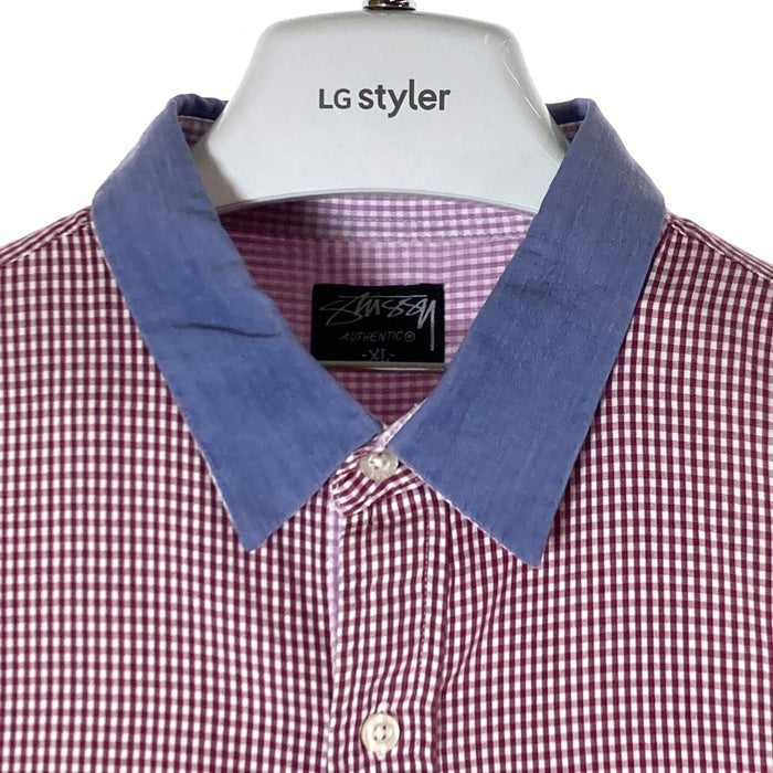 STUSSY ステューシー AUTHENTIC ギンガムチェック 半袖シャツ パープル×ホワイト sizeXL 瑞穂店