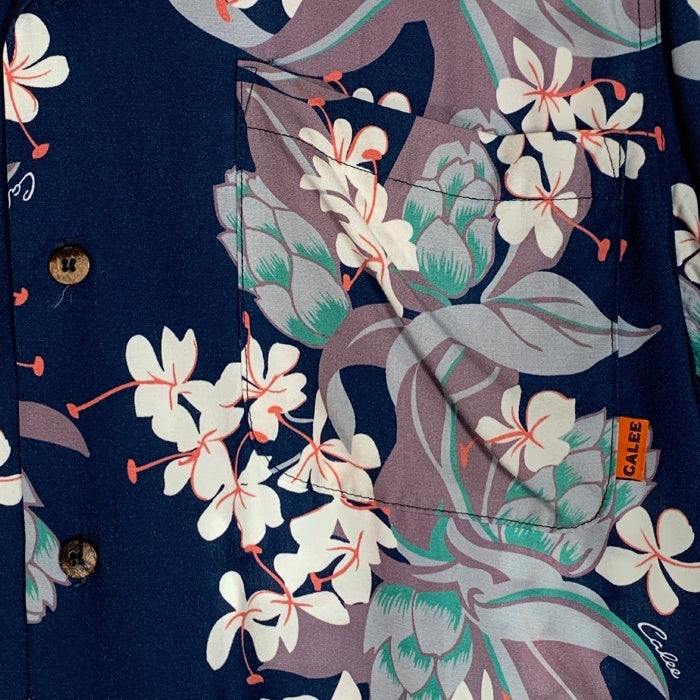 CALEE キャリー オープンカラーレーヨンシャツ アロハ ネイビー ハイビスカス Size L 福生店