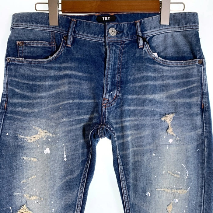 TMT ティーエムティー SWEATLIKE-STRETCH PAINT CRASH DENIM 5P TAPERED スウェットライク ストレッチデニムパンツ ダメージ加工 インディゴ TPT-F1902 Size L 福生店