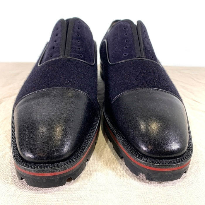 Christian Louboutin クリスチャンルブタン HUBERTUS FLAT VEAU レザー スウェード ウール ドレスシューズ キャップトゥ ブラック ネイビー Size 41 1/2 (26.5cm) 福生店