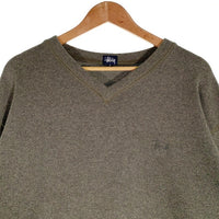 90's STUSSY ステューシー ショーンフォントロゴ刺繡 コットンポリ Vネック ニットセーター オリーブ USA製 紺タグ Size L 福生店