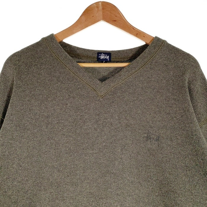 90's STUSSY ステューシー ショーンフォントロゴ刺繡 コットンポリ Vネック ニットセーター オリーブ USA製 紺タグ Size L 福生店