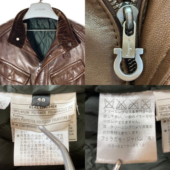 Salvatore Ferragamo サルヴァトーレフェラガモ リアルレザー ショルダーパッチ エルボーパッチ レザーコート ブラウン size48 瑞穂店