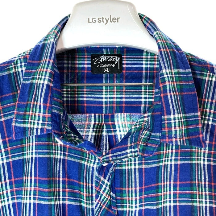 Stussy ステューシー マドラスチェック 胸ショーンフォント刺繍 長袖シャツ ブルー sizeXL 瑞穂店