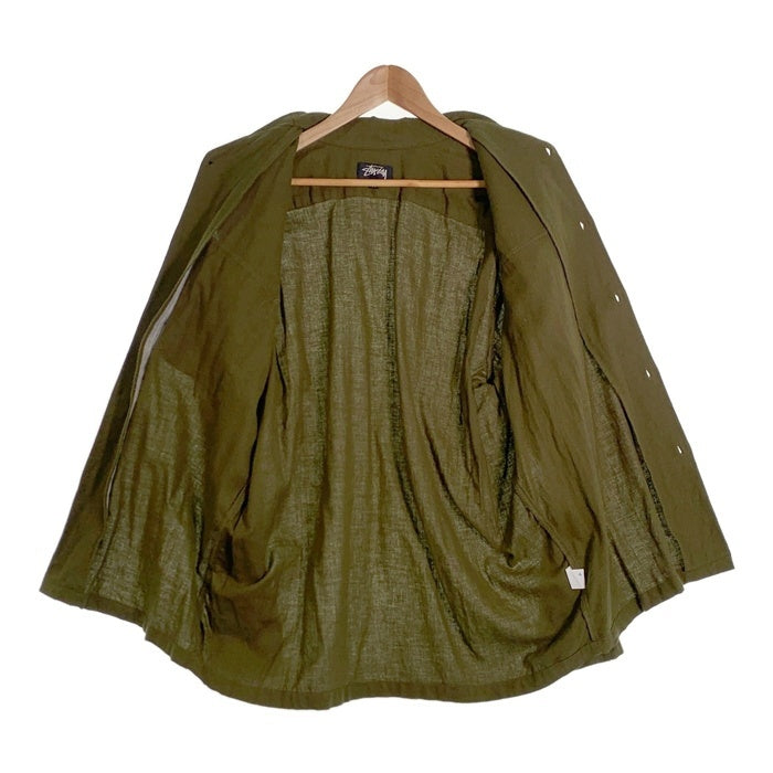 80's STUSSY ステューシー コットン オープンカラーフランネルシャツ 長袖 プレーン オリーブグリーン USA製 黒タグ Size M 福生店