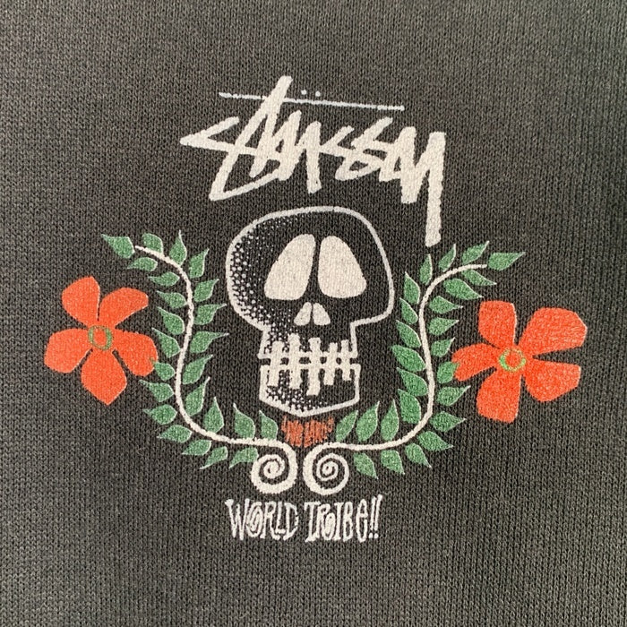 80's STUSSY ステューシー WORLD TRIBE Skull Crest スカルフラワープリント クルーネックスウェットトレーナー ブラック USA製 黒タグ Size L 福生店