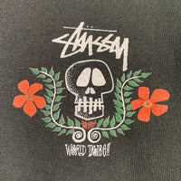 80's STUSSY ステューシー WORLD TRIBE Skull Crest スカルフラワープリント クルーネックスウェットトレーナー ブラック USA製 黒タグ Size L 福生店