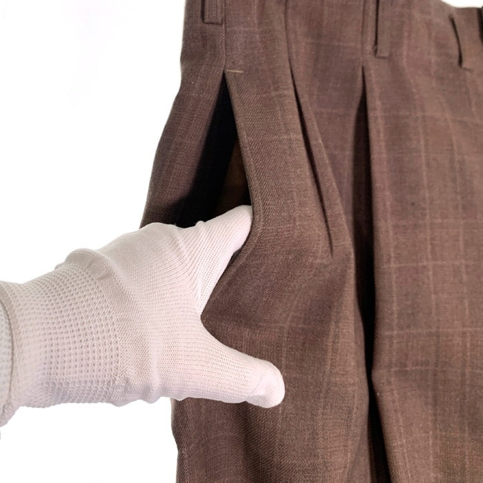 40-60's ウールチェック 2タックスラックス トラウザー ブラウン ワイド アルミCOMMAR 猫目ボタン Size 86cm 福生店
