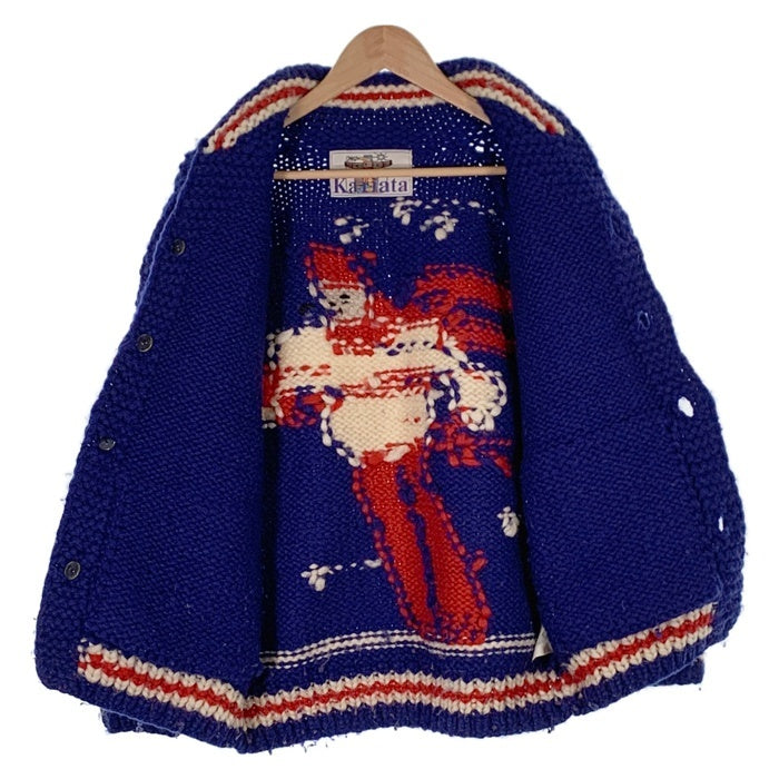 Kanata カナタ スキー 雪柄 カウチンセーター ボタン ブルー Size S-M 相当 福生店