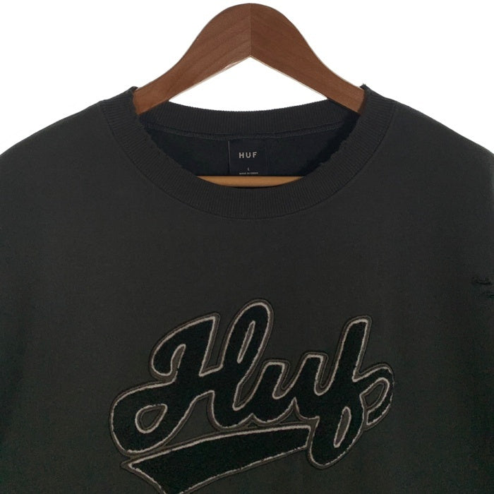 HUF ハフ POP FLY DAMAGE CREW ダメージ加工 半袖 クルーネックスウェットトレーナー ブラック 切りっぱなし Size L 福生店