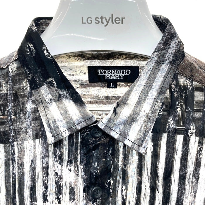 TORNADO MART トルネードマート シワ加工 ポリエステル 総柄シャツ 長袖 ブラック シースルー Size L 瑞穂店