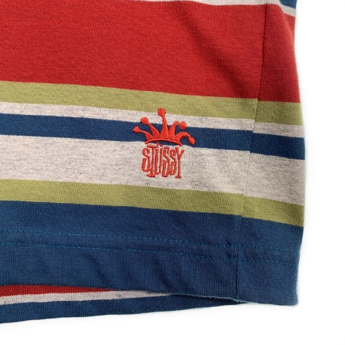 80's STUSSY ステューシー マルチボーダー ポケットTシャツ 裾クラウンロゴ刺繡 ブルー USA製 黒タグ Size XL 福生店