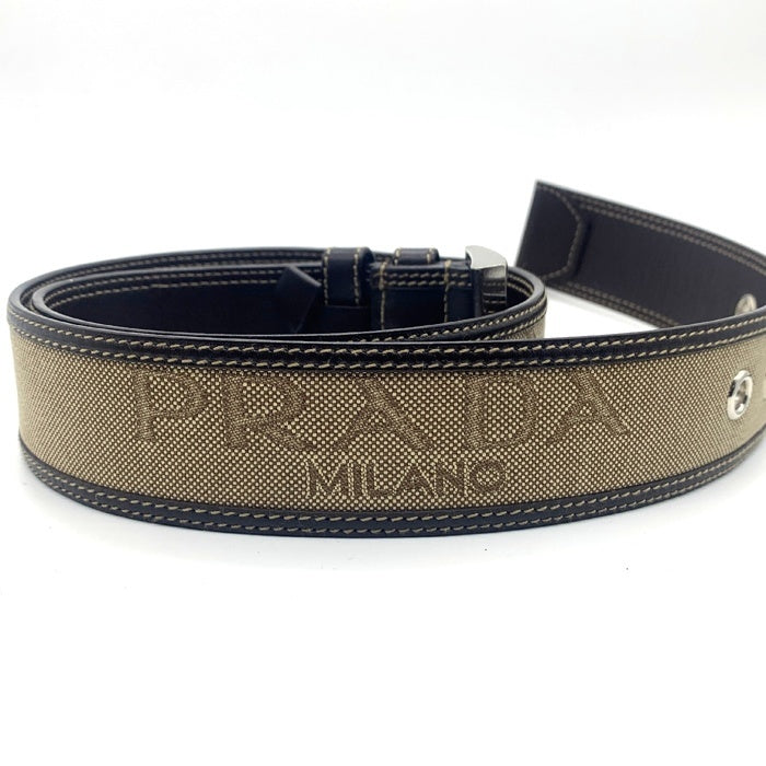 PRADA プラダ レザー キャンバス メンズベルト ブラウン ベージュ 1C 3612 Size 85/34 福生店