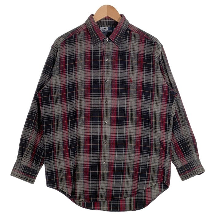 90's Polo by Ralph Lauren ポロ バイ ラルフローレン MARLOWE 長袖 フランネルシャツ シャドーチェック チャコール バーガンディー Size L 福生店