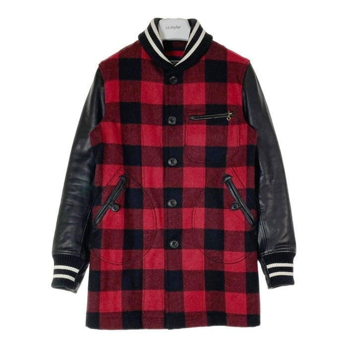 COMME des GARCONS HOMME コムデギャルソンオム HN-C014 AD2014 ショールカラー 袖レザー バッファローチェック ロング スタジャン ブラック レッド sizeXS 瑞穂店