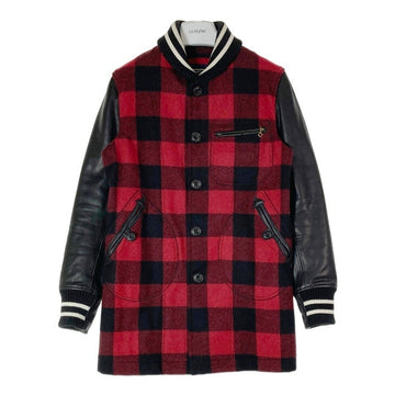 COMME des GARCONS HOMME コムデギャルソンオム HN-C014 AD2014 ショールカラー 袖レザー バッファローチェック ロング スタジャン ブラック レッド sizeXS 瑞穂店