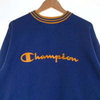 Champion チャンピオン リブライン 前V ロゴプリント クルーネックスウェットトレーナー ブルー イエロー Size L 福生店