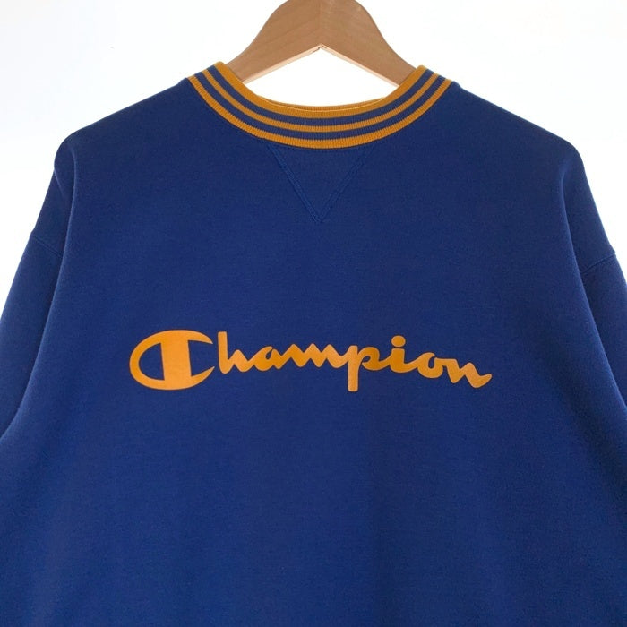 Champion チャンピオン リブライン 前V ロゴプリント クルーネックスウェットトレーナー ブルー イエロー Size L 福生店