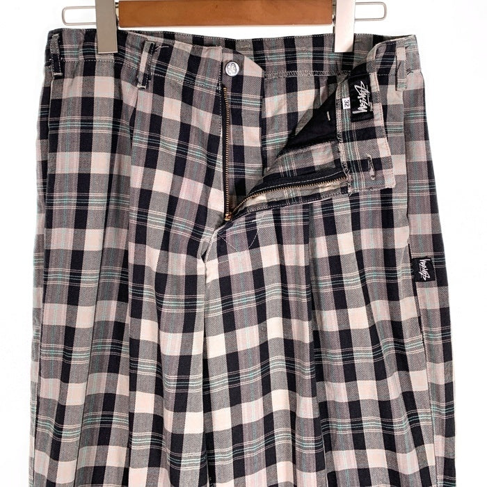 80's STUSSY ステューシー コットン チェック柄 1タックスラックス パンツ ブラック グレー USA製 黒タグ Size 32 福生店