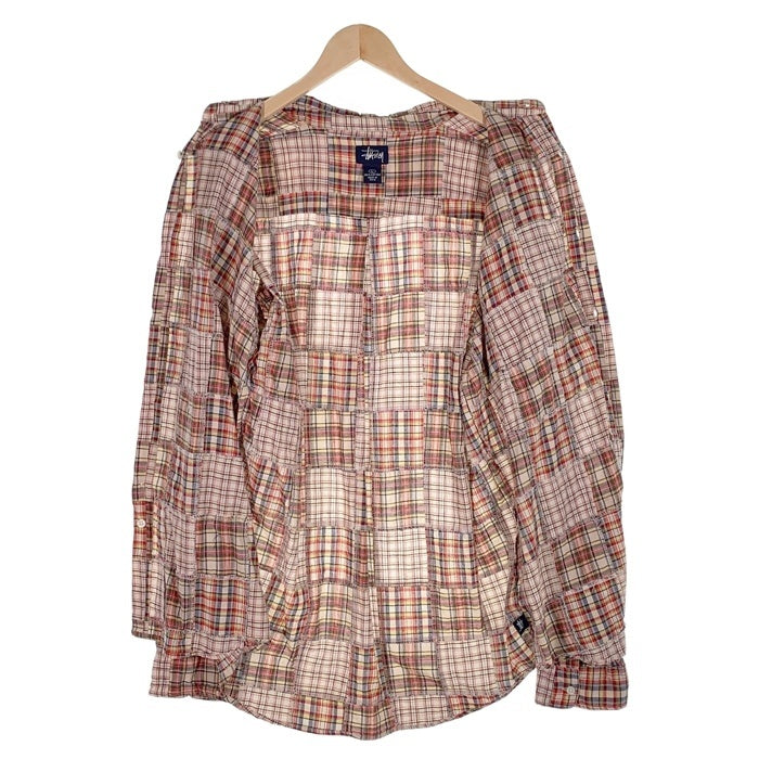 90's STUSSY ステューシー コットン パッチワークチェックシャツ 長袖 ドラゴン刺繡 マルチ インド製 紺タグ Size L 福生店