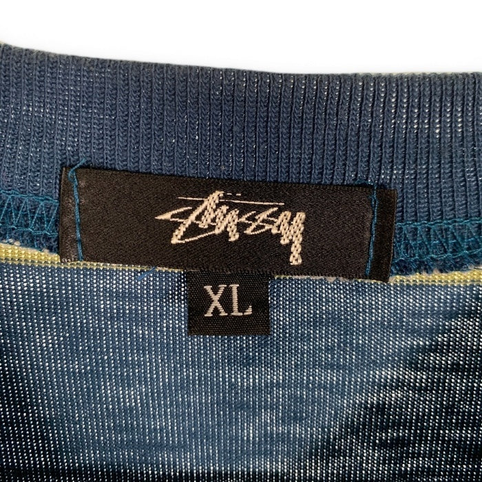 80's STUSSY ステューシー マルチボーダー ポケットTシャツ 裾クラウンロゴ刺繡 ブルー USA製 黒タグ Size XL 福生店