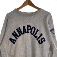90's Champion チャンピオン REVERSE WEAVE ANNAPOLIS リバースウィーブ ワッペン 袖プリント クルーネックスウェットトレーナー グレー USA製 トリコ刺繡 Size XL 福生店