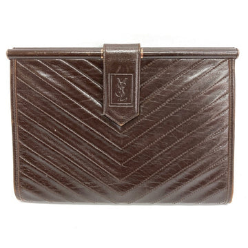 YVES SAINT LAURENT イブサンローラン レザー クラッチ セカンドバッグ Vステッチ ブラウン 瑞穂店