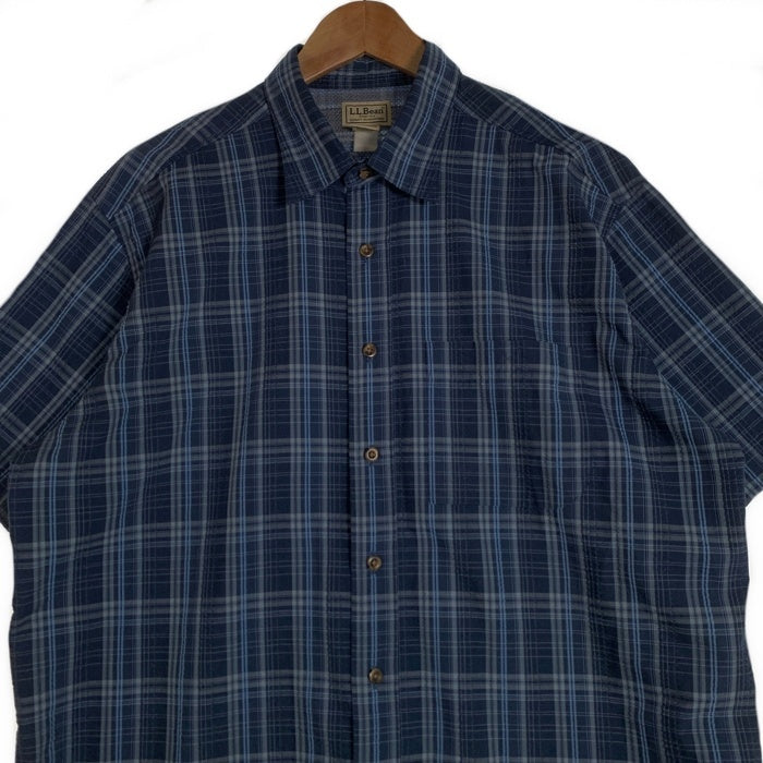 L.L.Bean エルエルビーン シアサッカーチェックシャツ 半袖 ポリエステル フィッシング ネイビー Size L 福生店