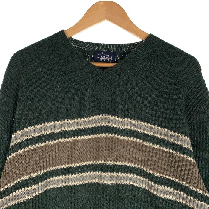90's STUSSY ステューシー アクリルウール Vネック ボーダーニットセーター グリーン 中国製 紺タグ デッドストック Size L 福生店