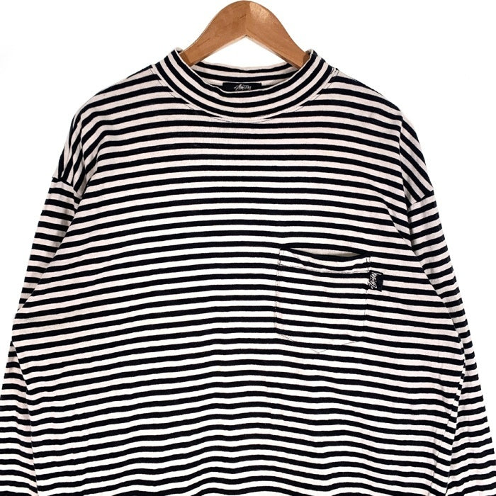 80's STUSSY ステューシー モックネック ボーダーポケットロングスリーブTシャツ ブラック ホワイト USA製 黒タグ Size L 福生店