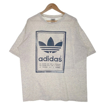 80's adidas アディダス ロゴプリント Tシャツ 両面 グレー 万国旗タグ USA製 Size L 福生店