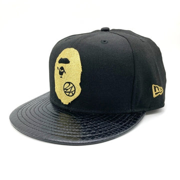 A BATHING APE アベイシングエイプ 24karats トゥエンティーフォーカラッツ New Era ニューエラ サル刺繍 型押し 9FIFTY キャップ ブラックxゴールド sizeF 瑞穂店