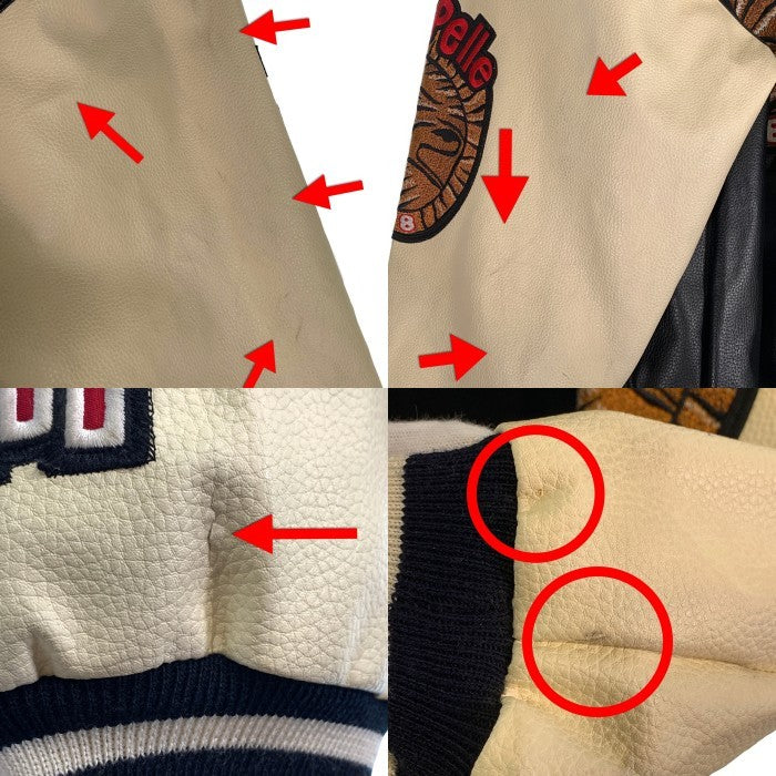 90's pellepelle ペレペレ オールレザースタジャン ジップアップ ブラック クリーム ワッペン Size XL 福生店