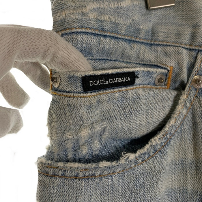 DOLCE&GABBANA ドルチェアンドガッバーナ クラッシュ デニムジーンズ ダメージ加工 レザーパッチ ライトブルー ZDP72/814N イタリア製 Size 48 福生店