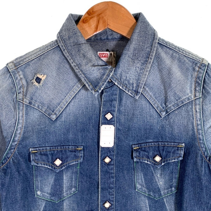 LEVI'S リーバイス ショートホーン デニムウエスタンシャツ インディゴ 復刻 USED/ダメージ加工 レディース3 Size S 福生店