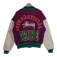 90's STUSSY ステューシー I.S.T. ワッペン 刺繡 ウール袖レザースタジャン パープル グリーン ホワイト オールド Size L 福生店