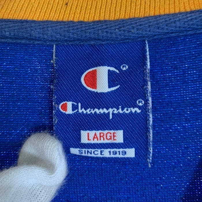Champion チャンピオン リブライン 前V ロゴプリント クルーネックスウェットトレーナー ブルー イエロー Size L 福生店
