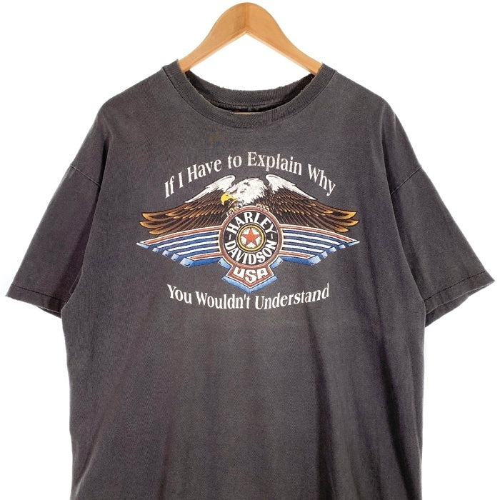 80-90's Harley-Davidson ハーレーダビッドソン イーグル バー&シールド プリントTシャツ フェードブラック Hanes USA製 Size XL 福生店