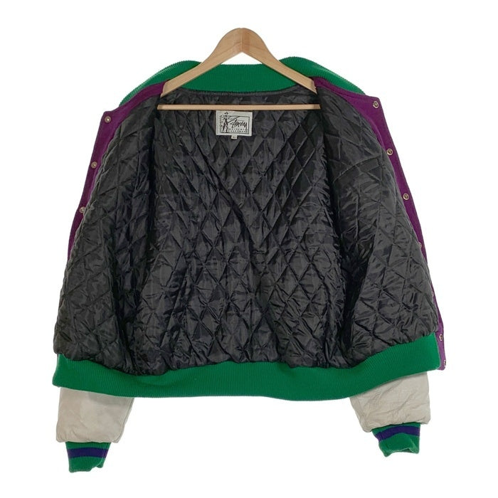90's STUSSY ステューシー I.S.T. ワッペン 刺繡 ウール袖レザースタジャン パープル グリーン ホワイト オールド Size L 福生店