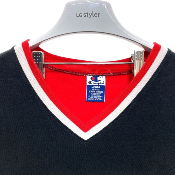 90's~ Champion チャンピオン NBA CHICAGO BULLS シカゴ・ブルズ Vネック プルオーバートップス 半袖 ブラック レッド Size L 瑞穂店