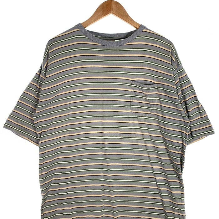 90's STUSSY ステューシー ボーダー ポケットTシャツ グレー ショーンフォント刺繡 インド製 白タグ Size L 福生店