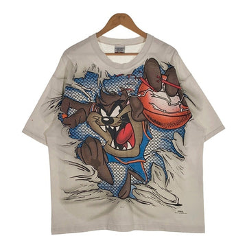 90's LOONEY TUNES ルーニー・テューンズ MONSTER SLAM プリントTシャツ タズマニアンデビル 袖裾ダブル ホワイト 1996コピーライト Size XL 福生店
