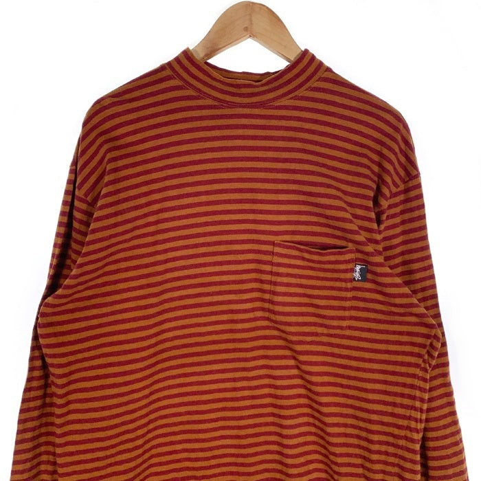 80's STUSSY ステューシー モックネック ボーダーポケットロングスリーブTシャツ レッド オレンジ USA製 黒タグ Size L 福生店
