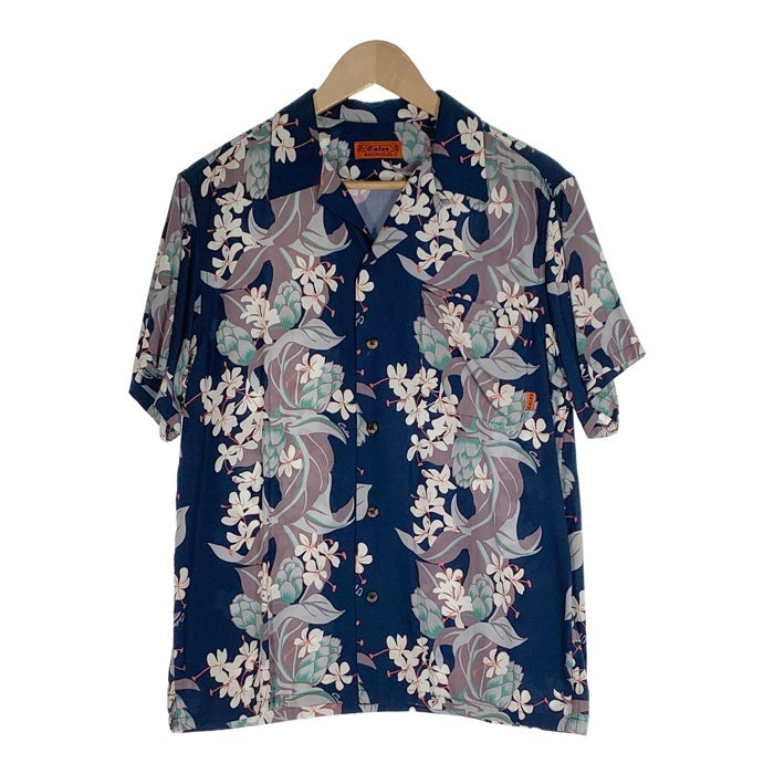 CALEE キャリー オープンカラーレーヨンシャツ アロハ ネイビー ハイビスカス Size L 福生店
