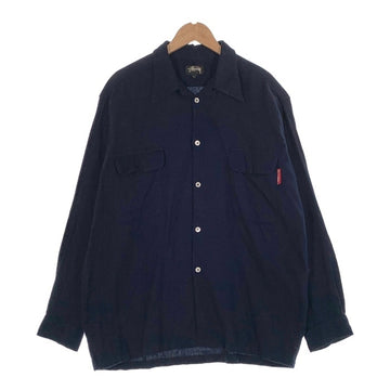 80's STUSSY ステューシー コットン オープンカラーフランネルシャツ プレーン ネイビー USA製 黒タグ Size L 福生店