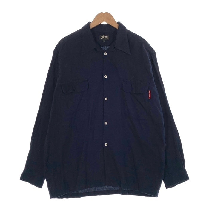 80's STUSSY ステューシー コットン オープンカラーフランネルシャツ プレーン ネイビー USA製 黒タグ Size L 福生店