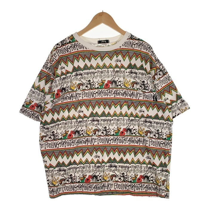 80's STUSSY ステューシー IRIE BAND 総柄 オーバープリント ポケットTシャツ ラスタ ホワイト 黒タグ USA製 Size L 福生店