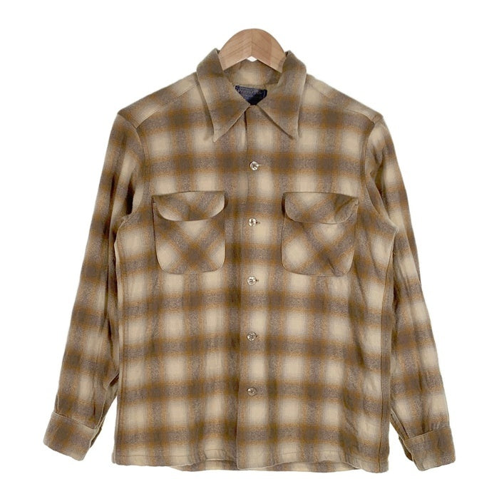 70's PENDLETON ペンドルトン ウール ボードシャツ オープンカラー シャドーチェック オンブレ ブラウン クリーム USA製 Size M 福生店